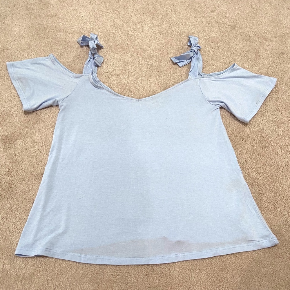 Off the Shoulder Bow Tie Blue Blouse